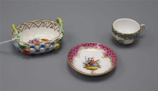 A miniature Dresden cup, saucer and basket